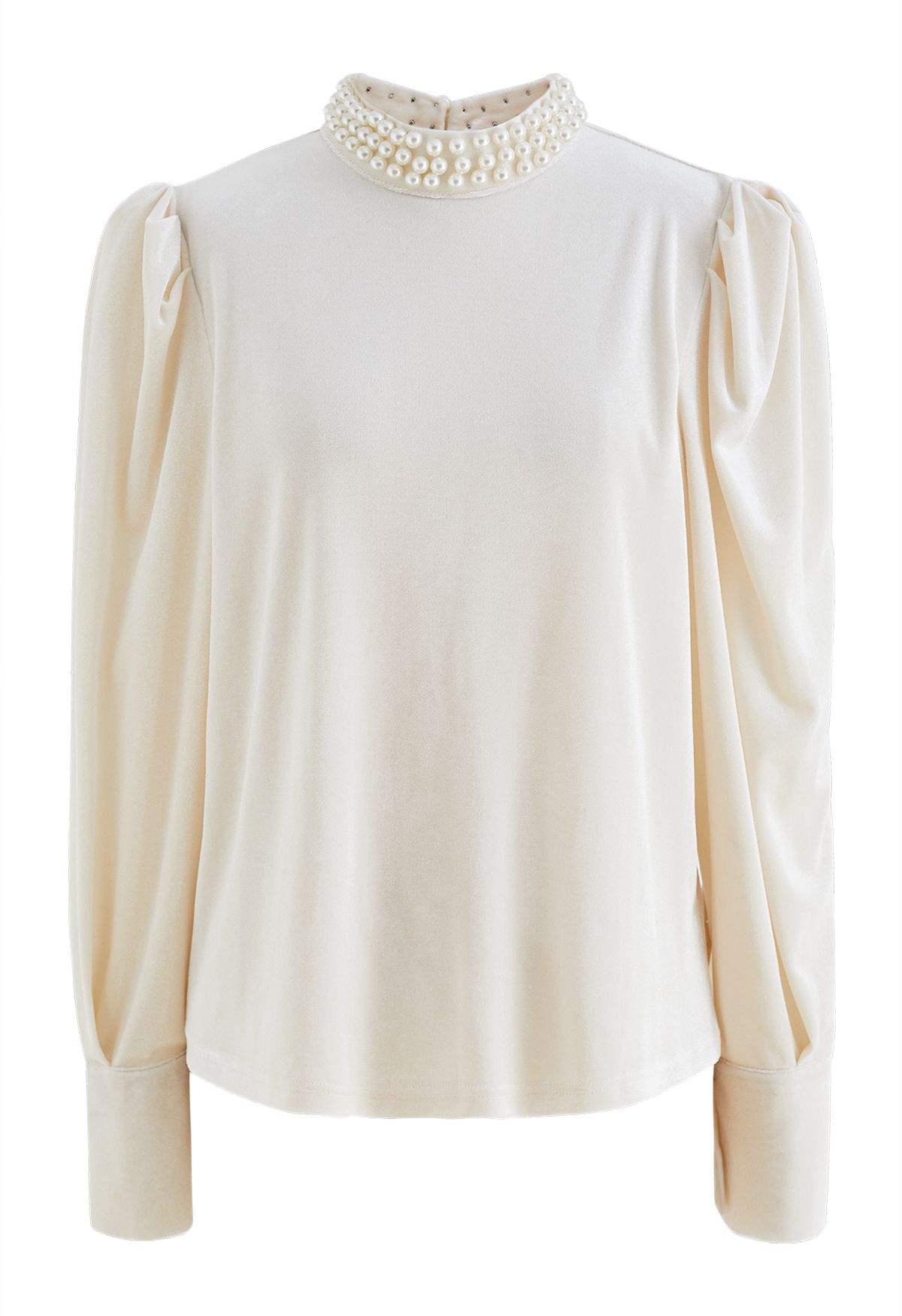 Pearl Trim Neckline Velvet Top in Cream