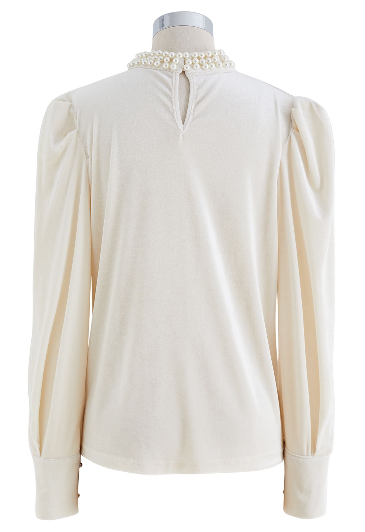 Pearl Trim Neckline Velvet Top in Cream