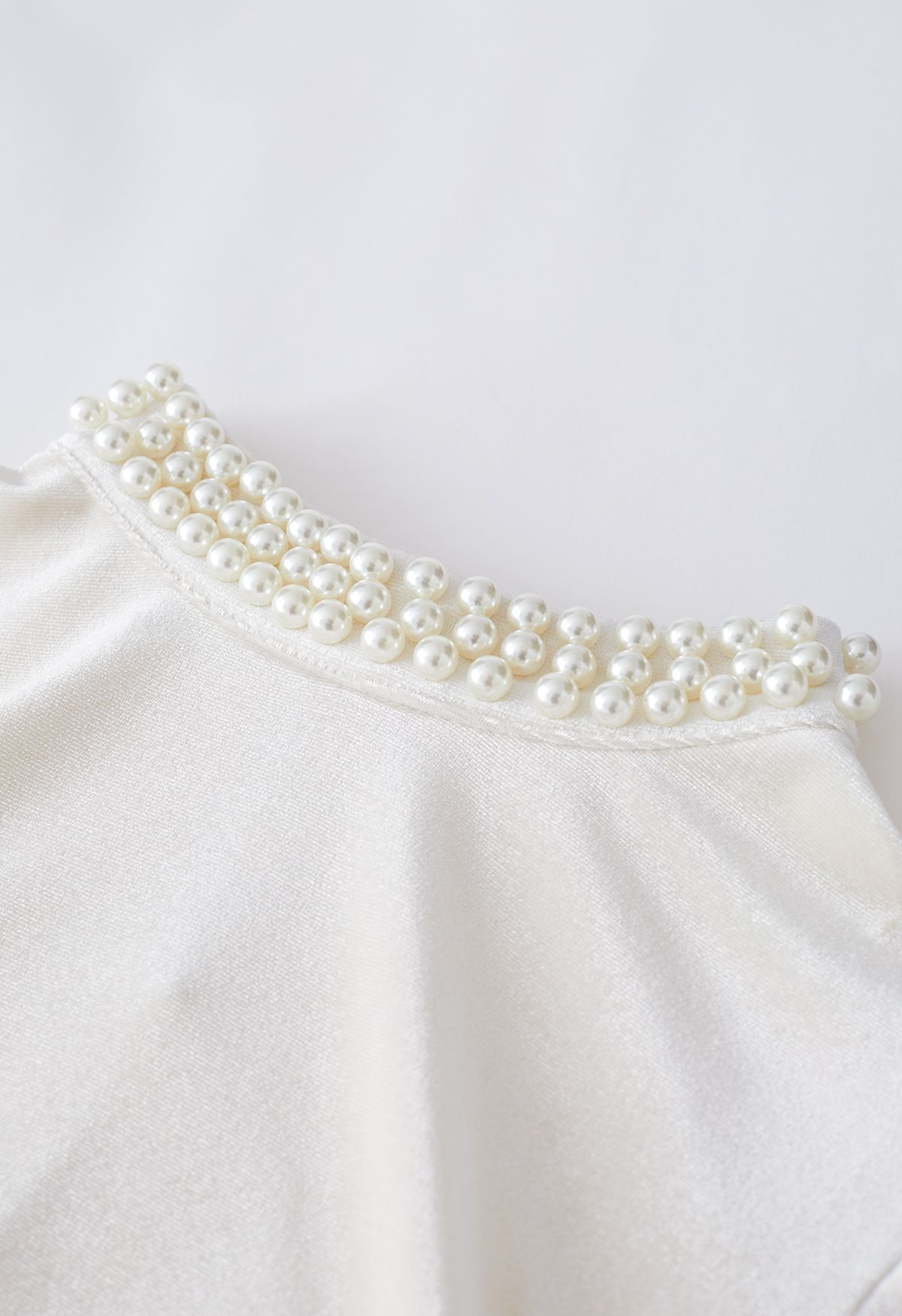 Pearl Trim Neckline Velvet Top in Cream