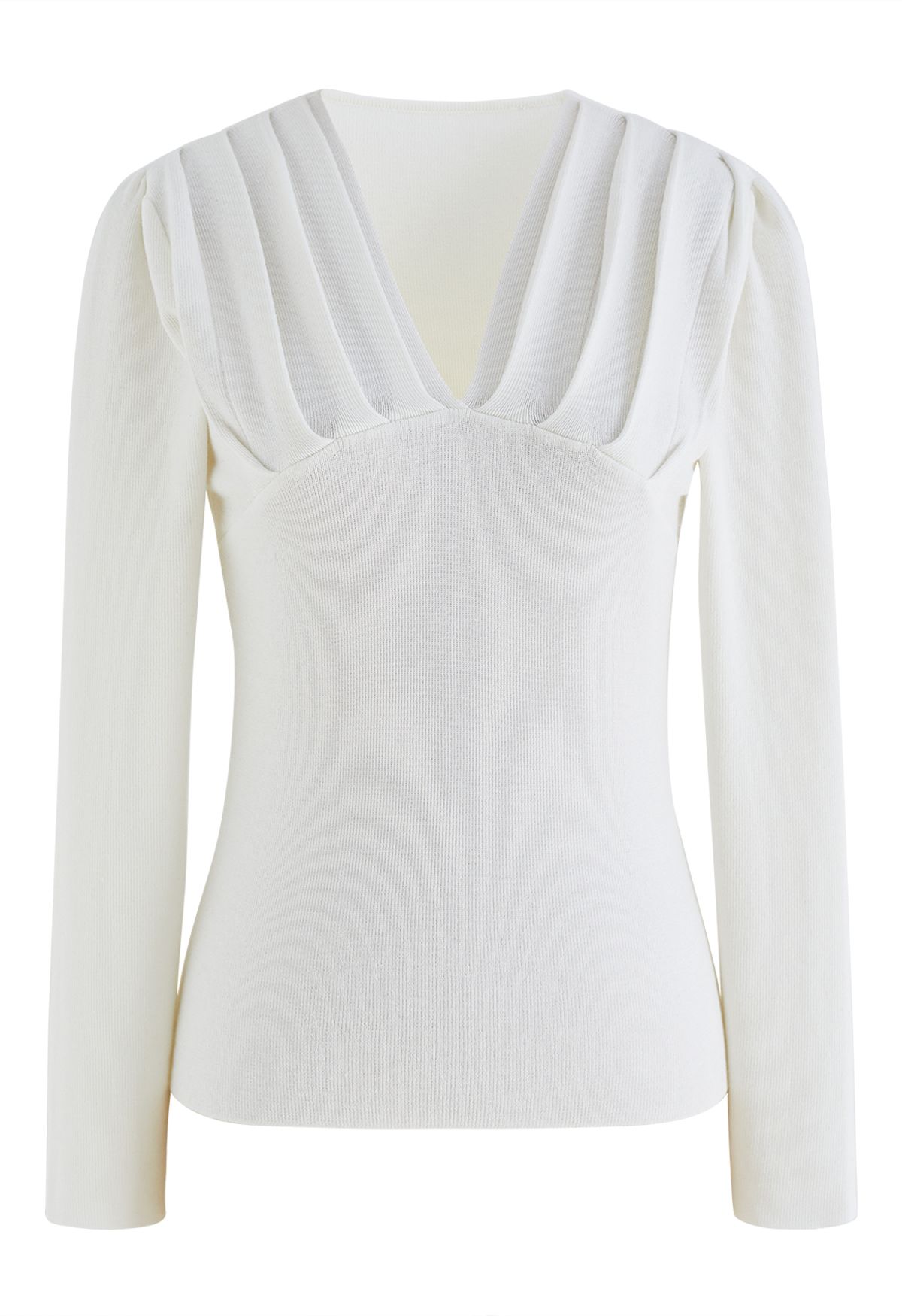 V-Neck Pleated Knit Top in Ivory