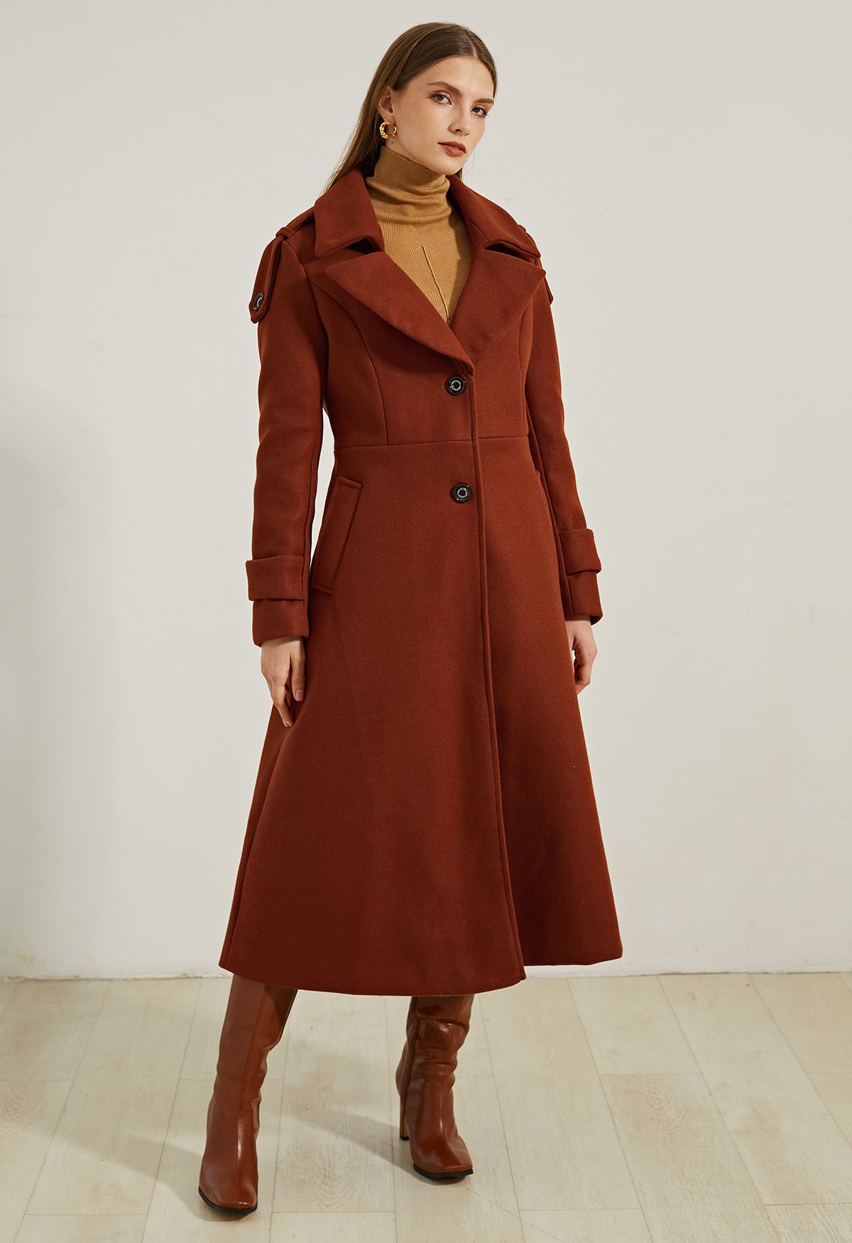 Notch Lapel Wool-Blend Flare Longline Coat