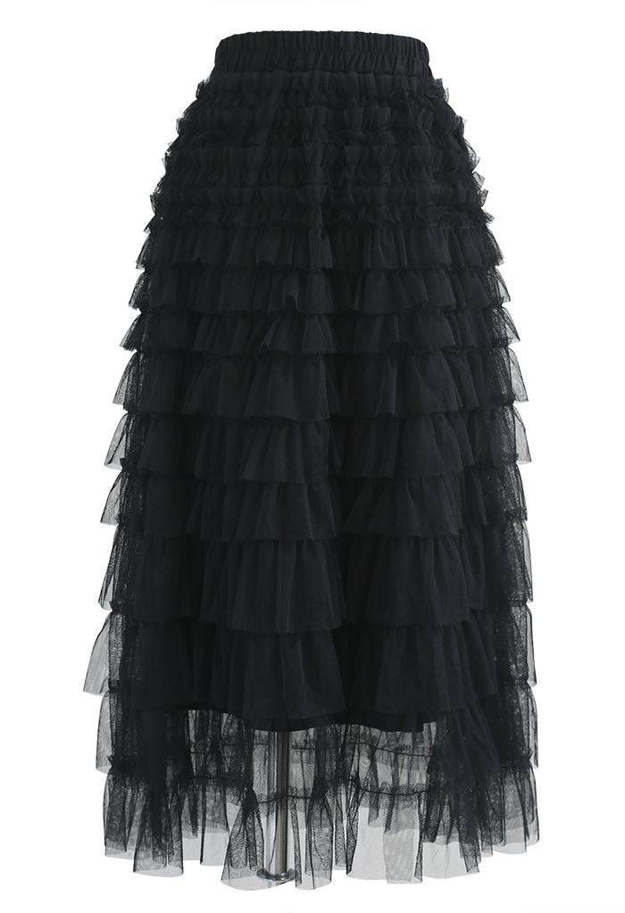 Adorable Tiered Ruffle Mesh Tulle Skirt in Black - Retro, Indie and ...
