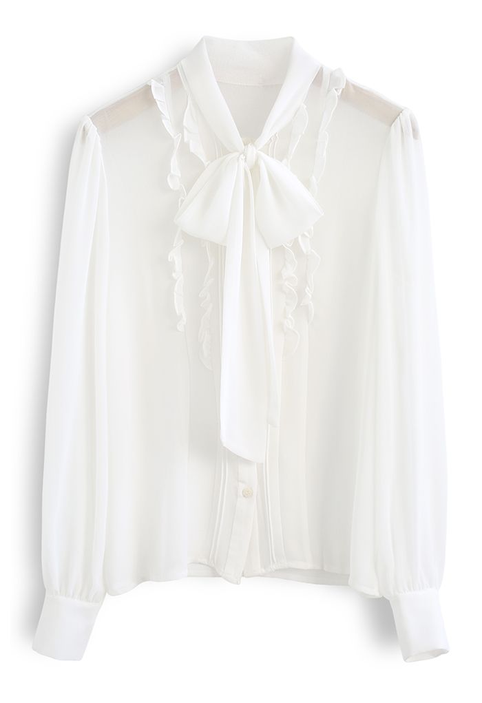 Self-Tie Bowknot Semi-Sheer Chiffon Shirt in White - Retro, Indie and ...