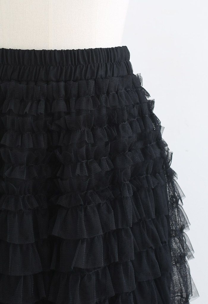 Adorable Tiered Ruffle Mesh Tulle Skirt in Black - Retro, Indie and ...