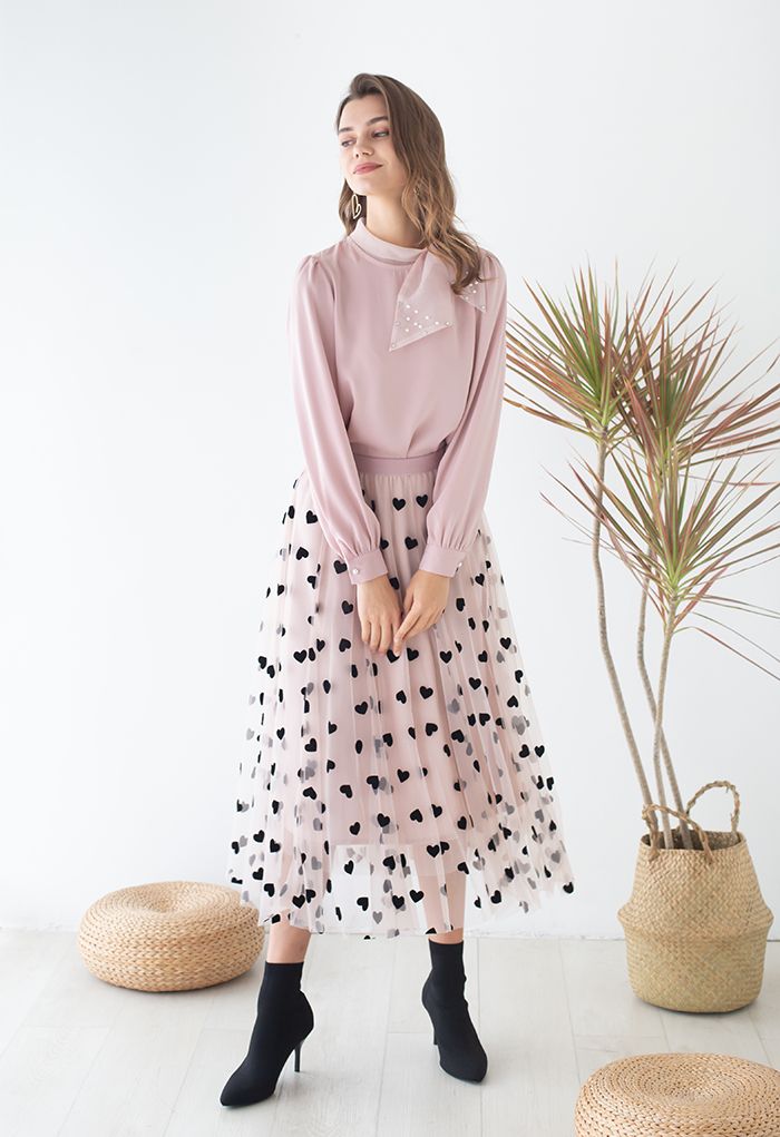 3D Heart Double-Layered Mesh Maxi Skirt in Blush Pink - Retro, Indie and  Unique Fashion