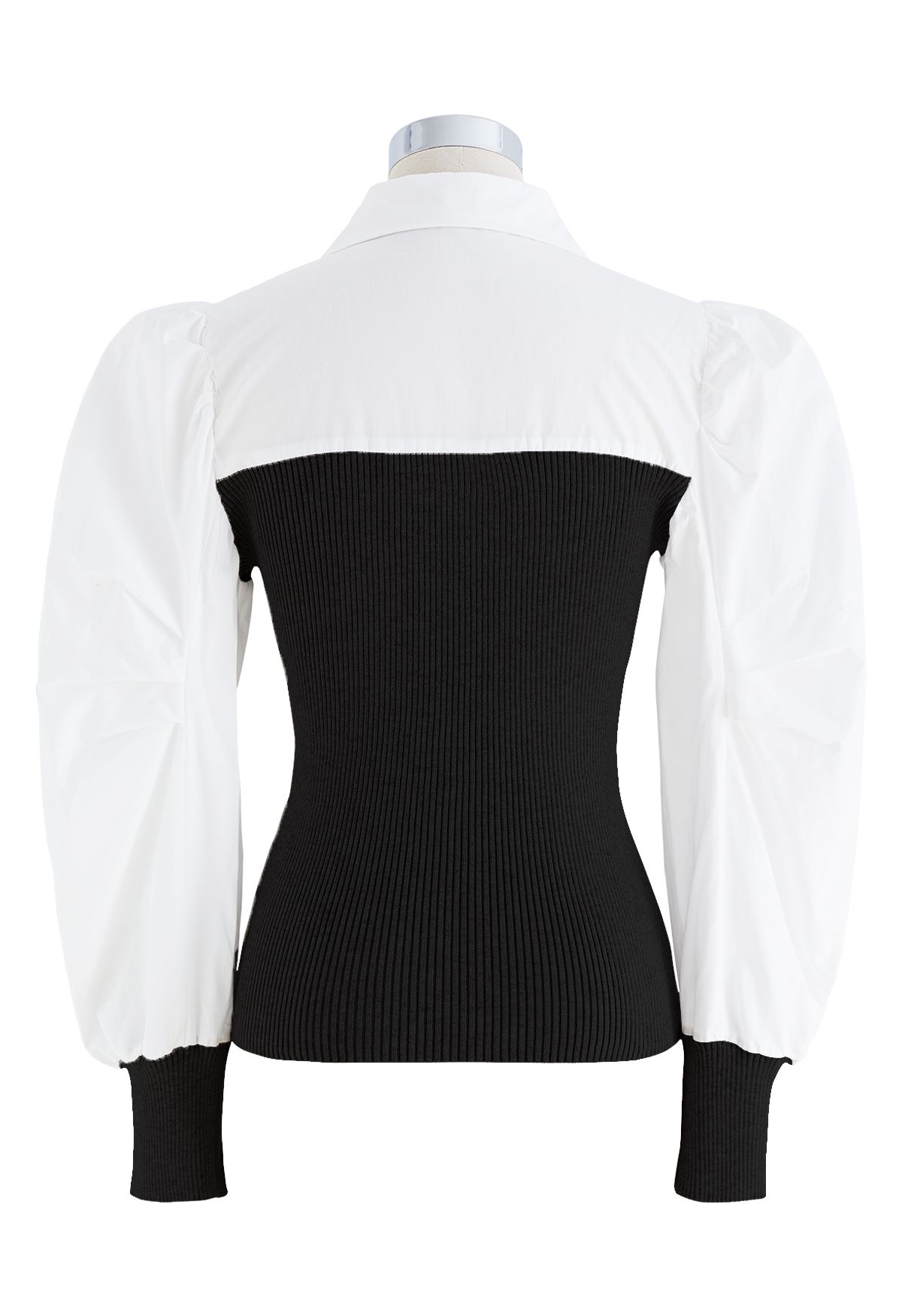 Pointed Collar Puff Sleeve Spliced Top in Black