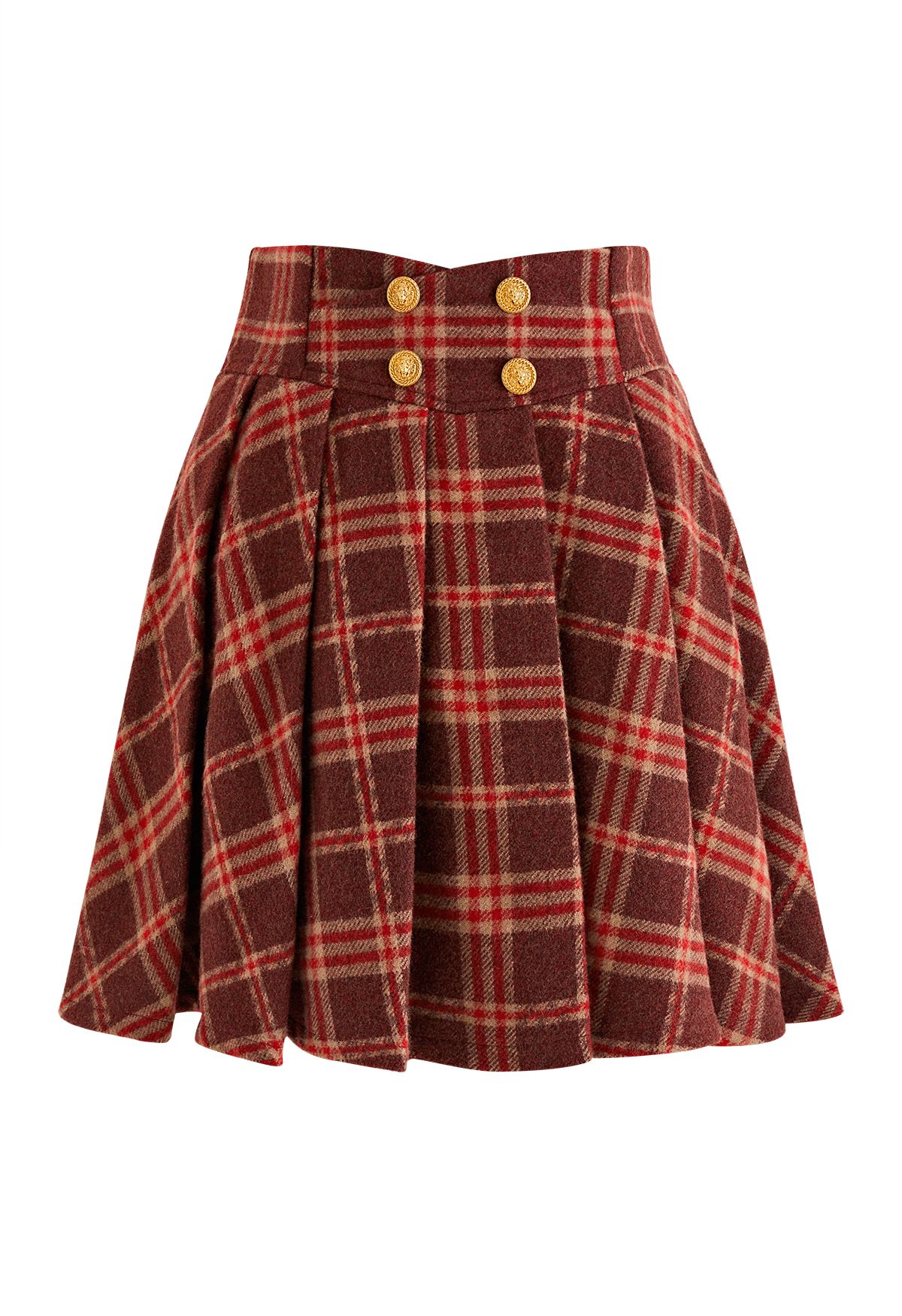 Golden Button Pleated Flare Mini Skirt in Red Plaid - Retro, Indie and ...