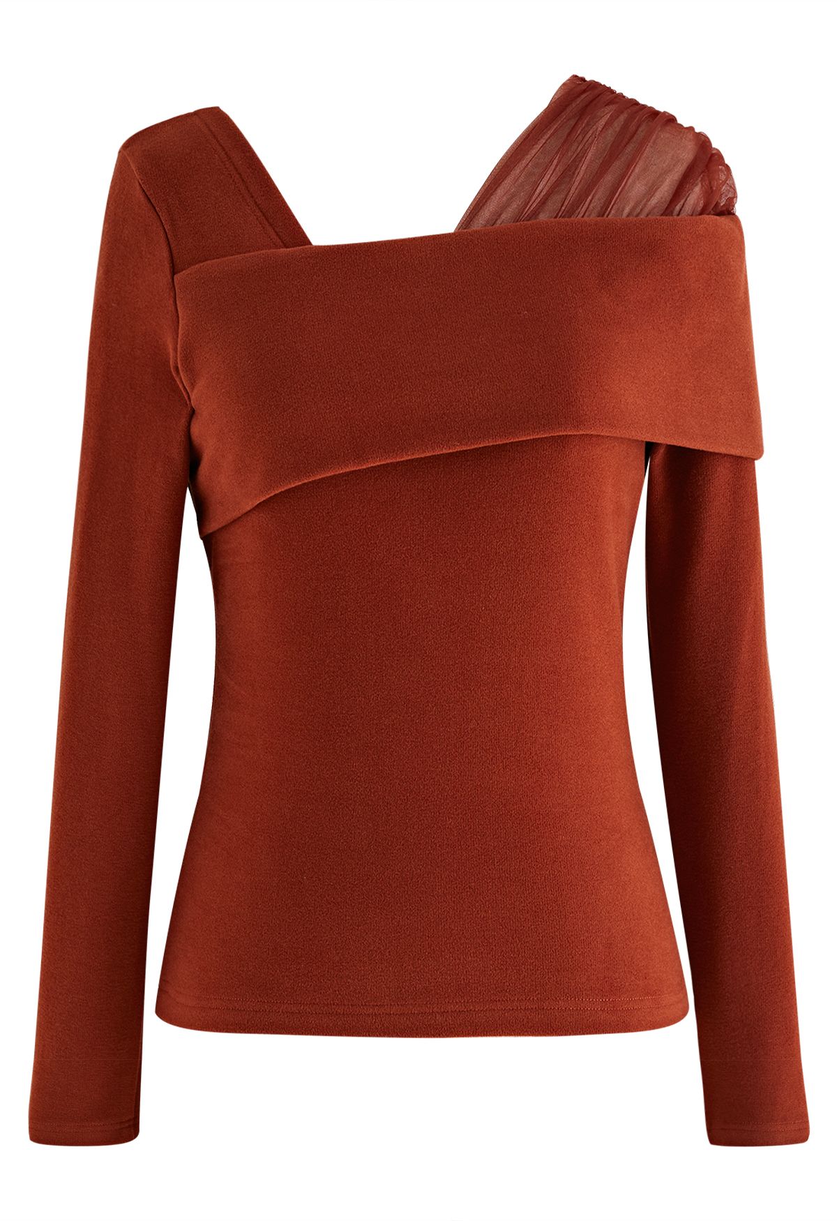 Asymmetric Mesh Folded Shoulder Top in Red