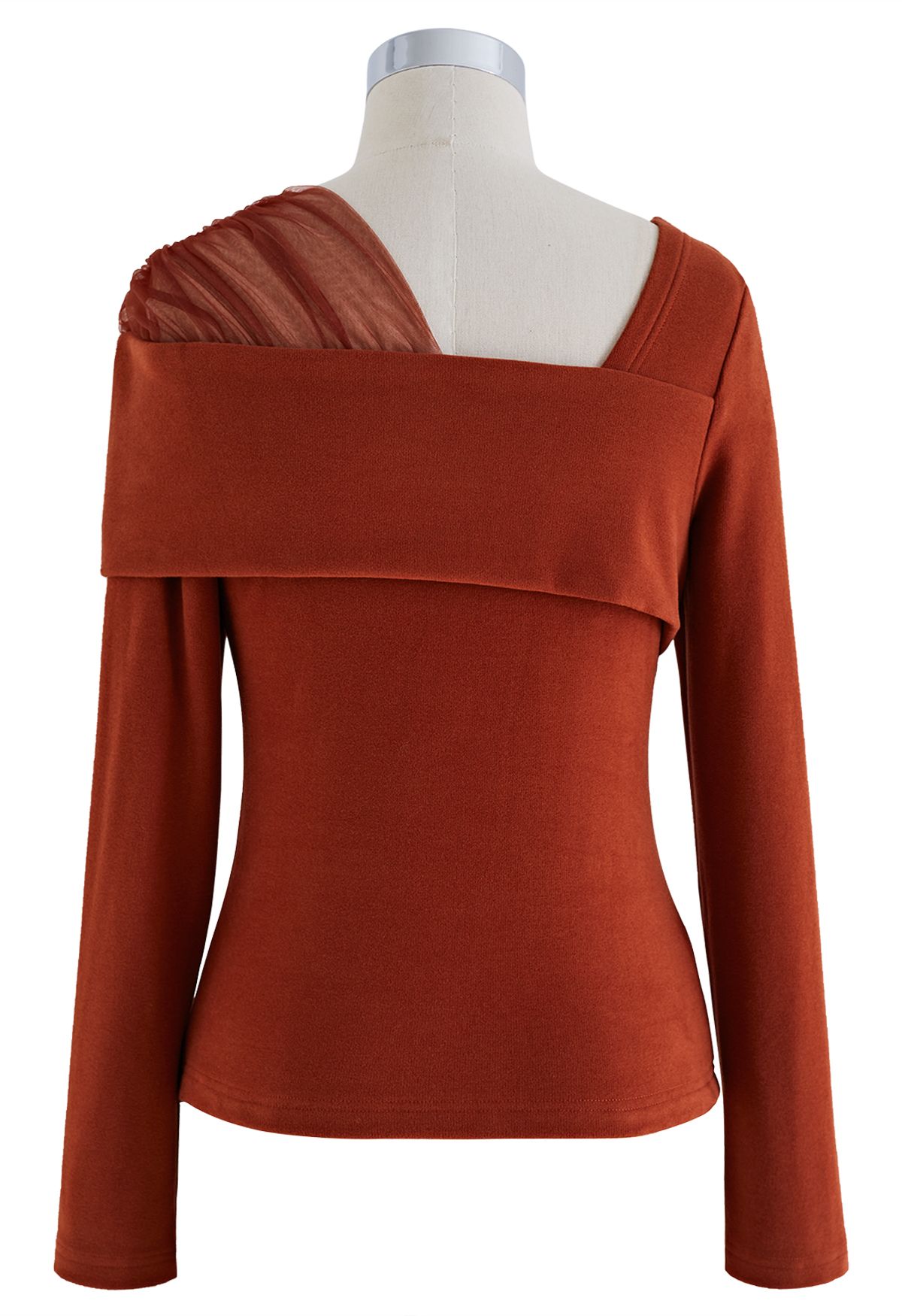 Asymmetric Mesh Folded Shoulder Top in Red