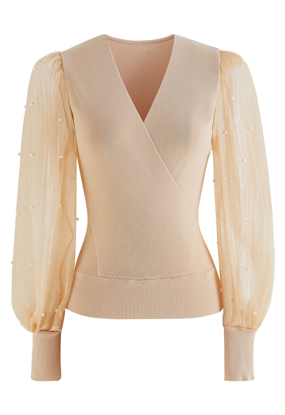 Pearl Puff Sleeve Spliced Faux-Wrap Top in Apricot