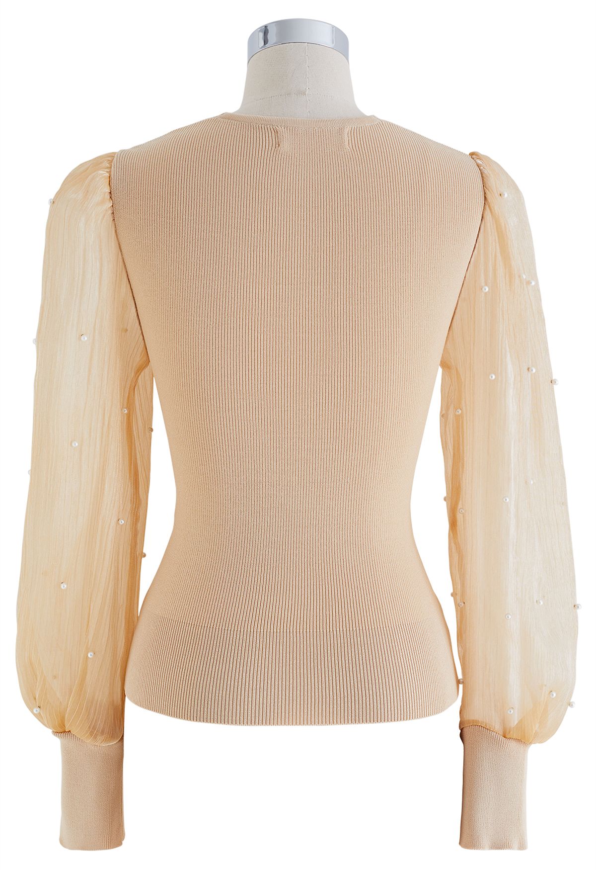 Pearl Puff Sleeve Spliced Faux-Wrap Top in Apricot