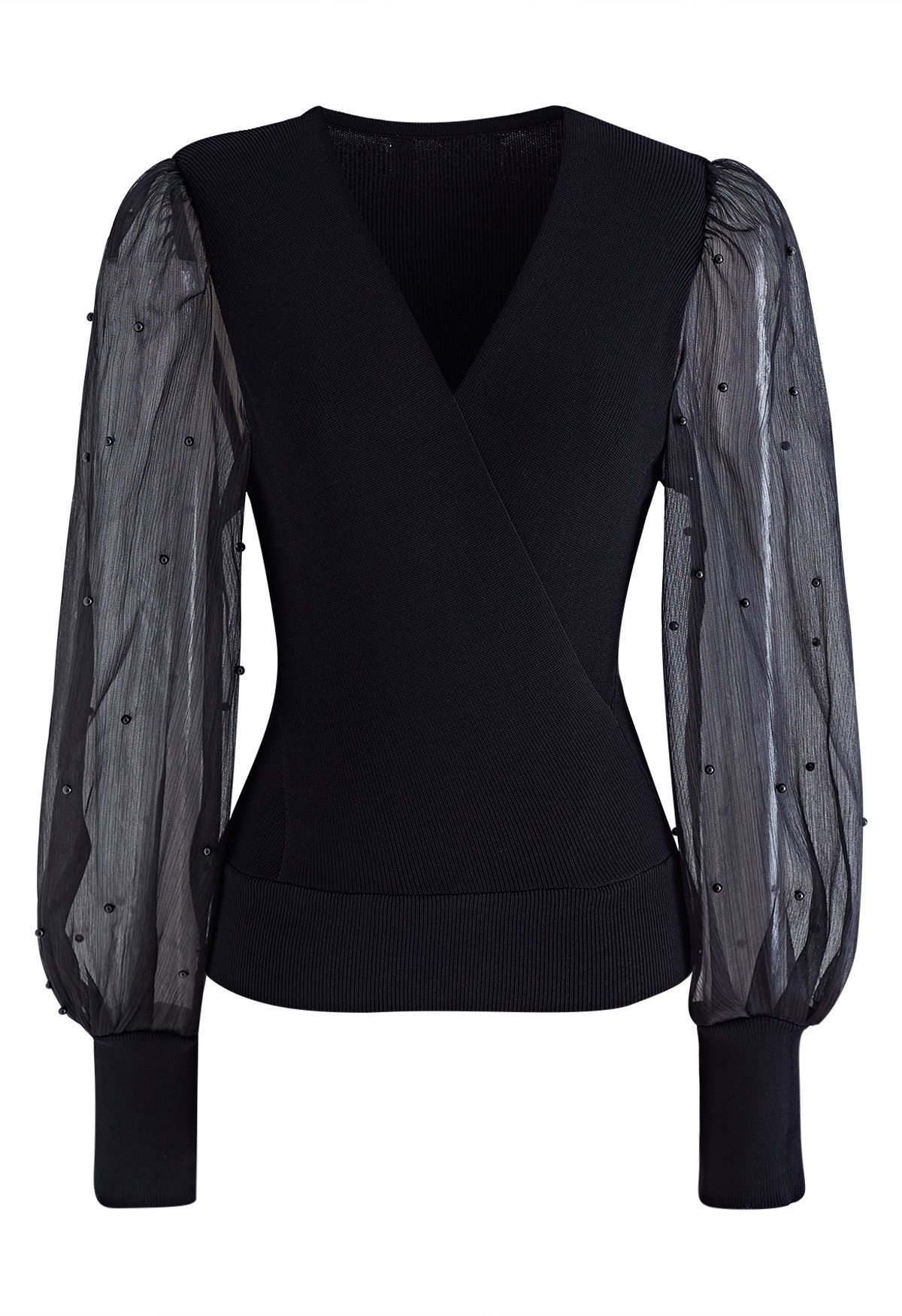 Pearl Puff Sleeve Spliced Faux-Wrap Top in Black