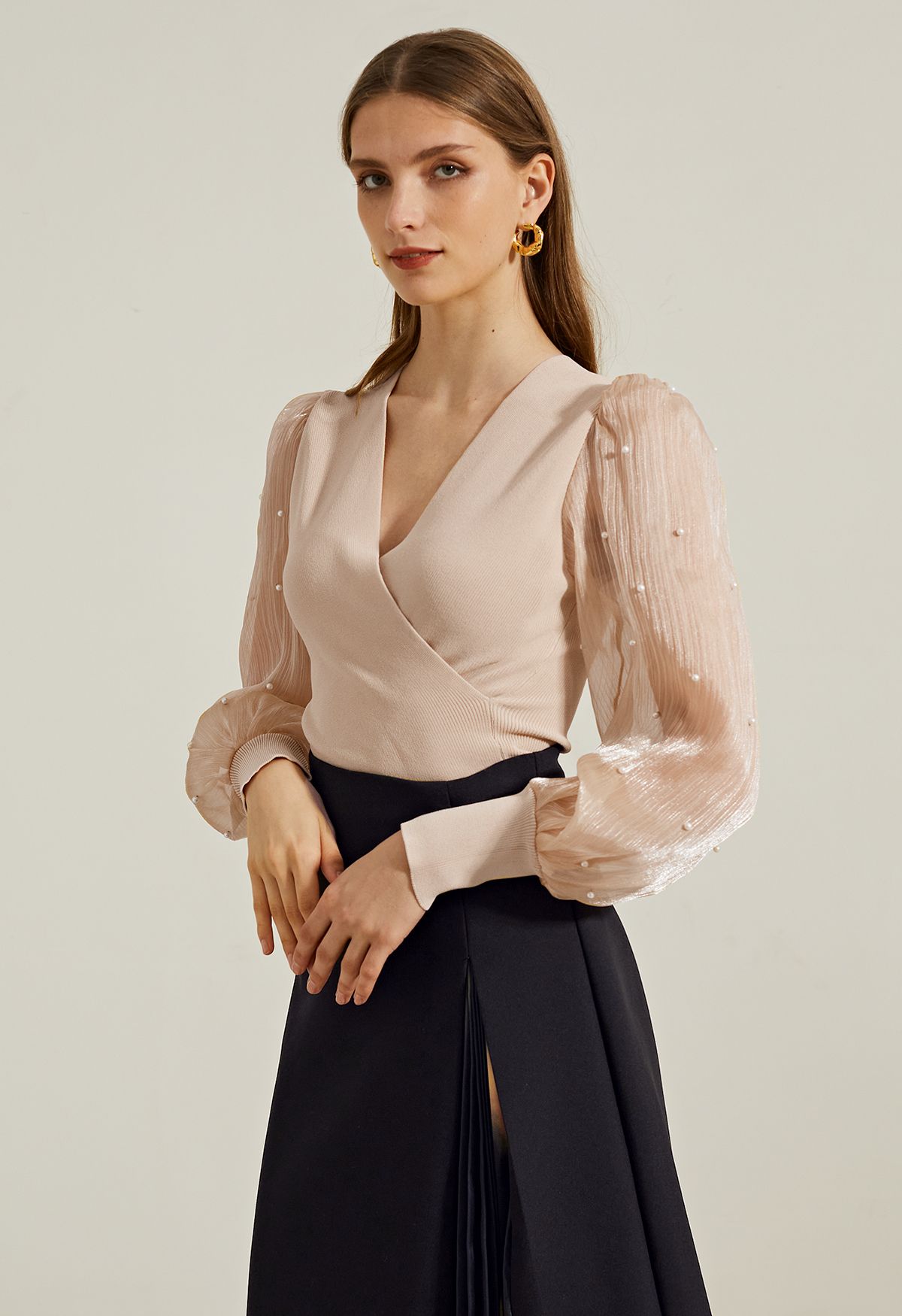 Pearl Puff Sleeve Spliced Faux-Wrap Top in Apricot