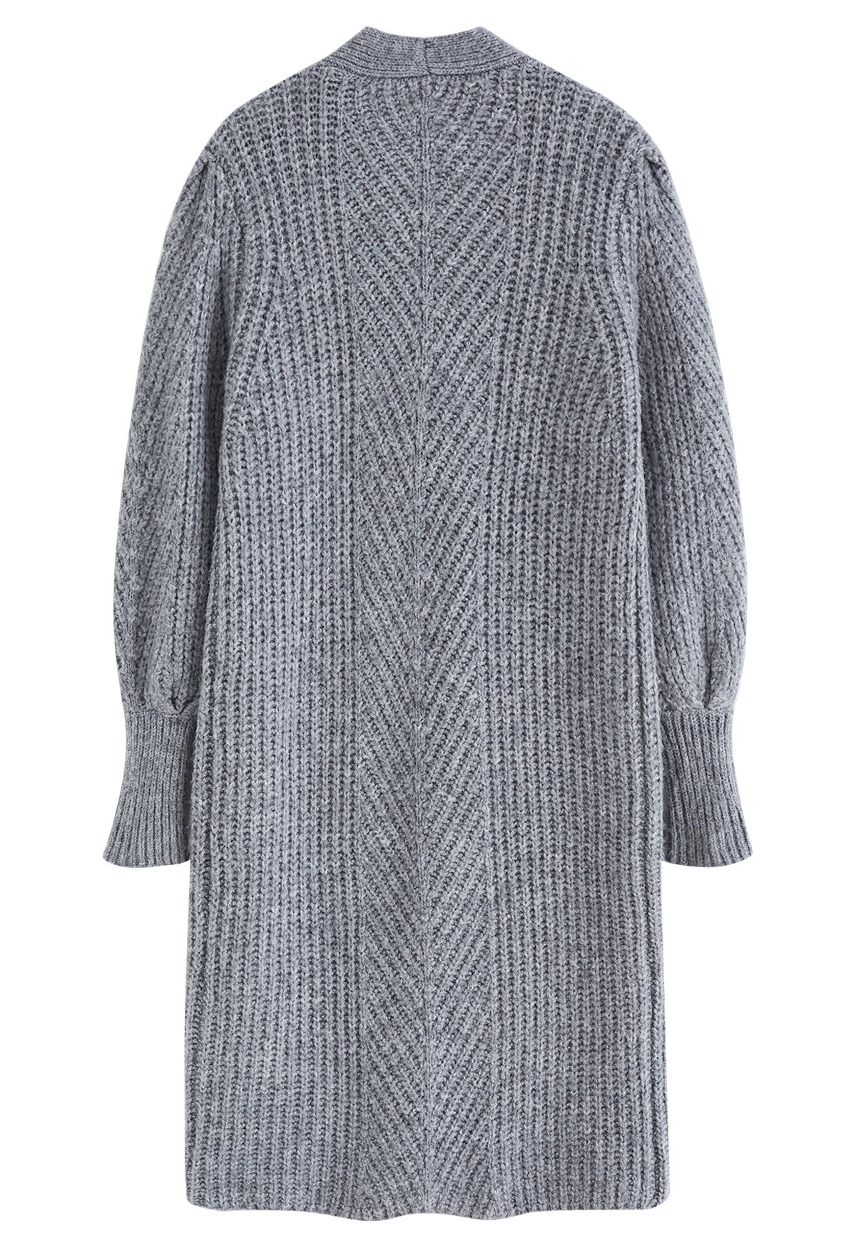 Puff Sleeve Longline Chunky Knit Cardigan in Grey