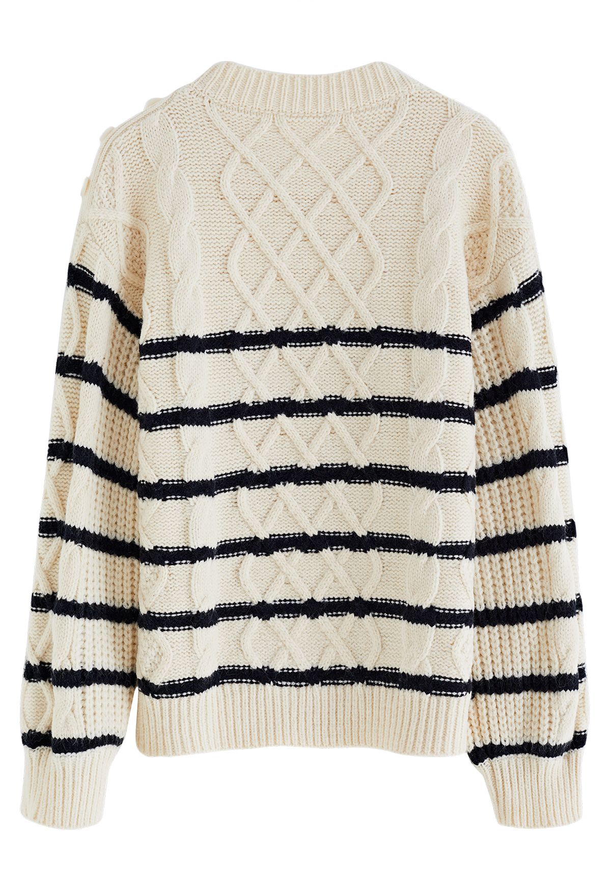 Buttoned Shoulder Striped Cable Knit Sweater