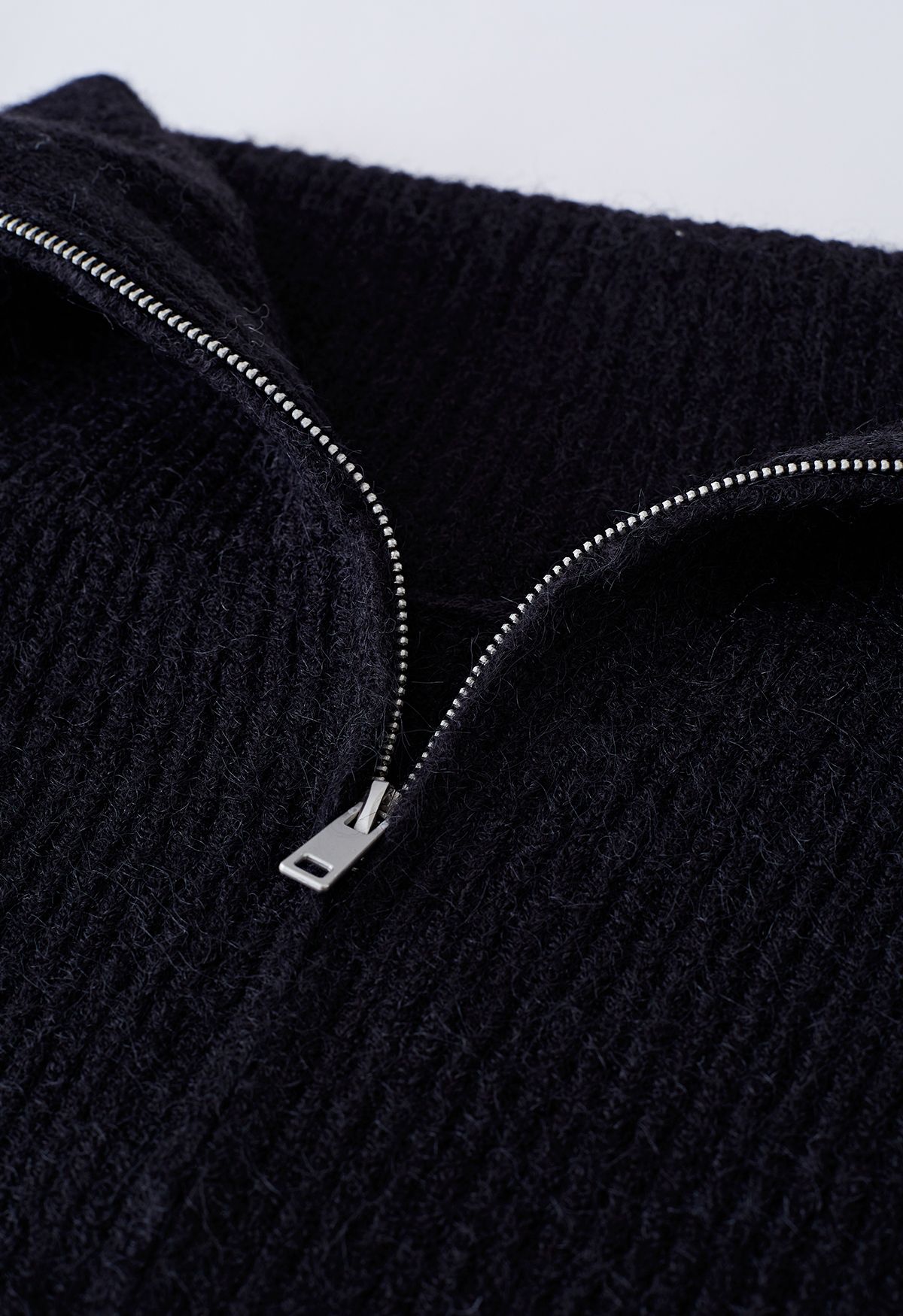 Flap Collar Zipper Ribbed Retro, Cardigan - and Fashion in Black Knit Indie Unique