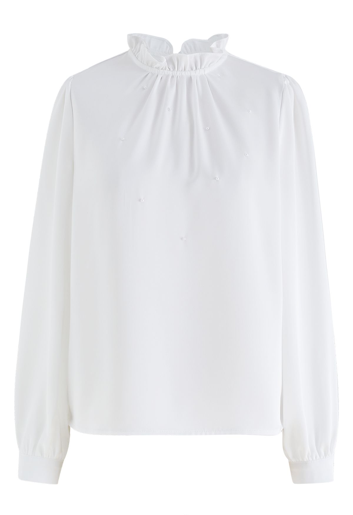 Ruffled Neckline Pearl Embellished Satin Shirt in White