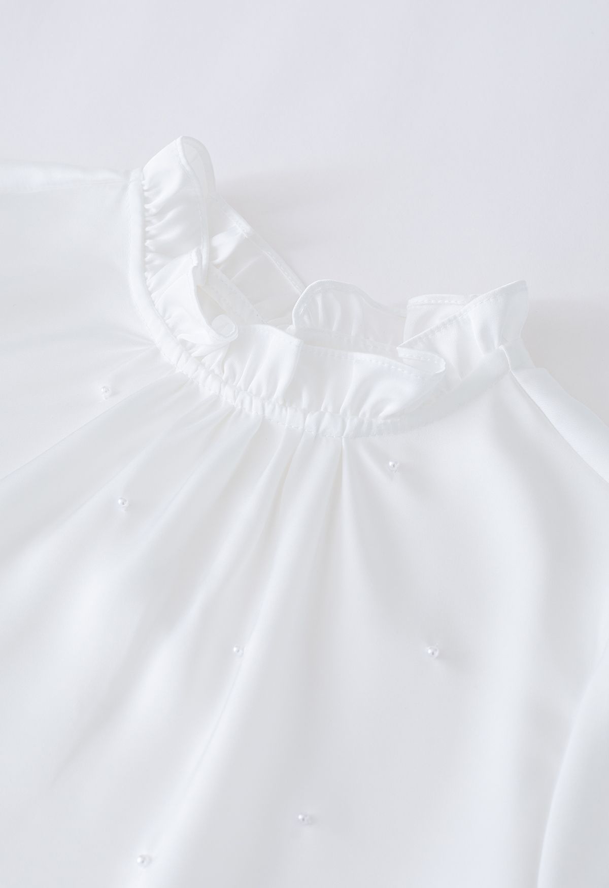 Ruffled Neckline Pearl Embellished Satin Shirt in White