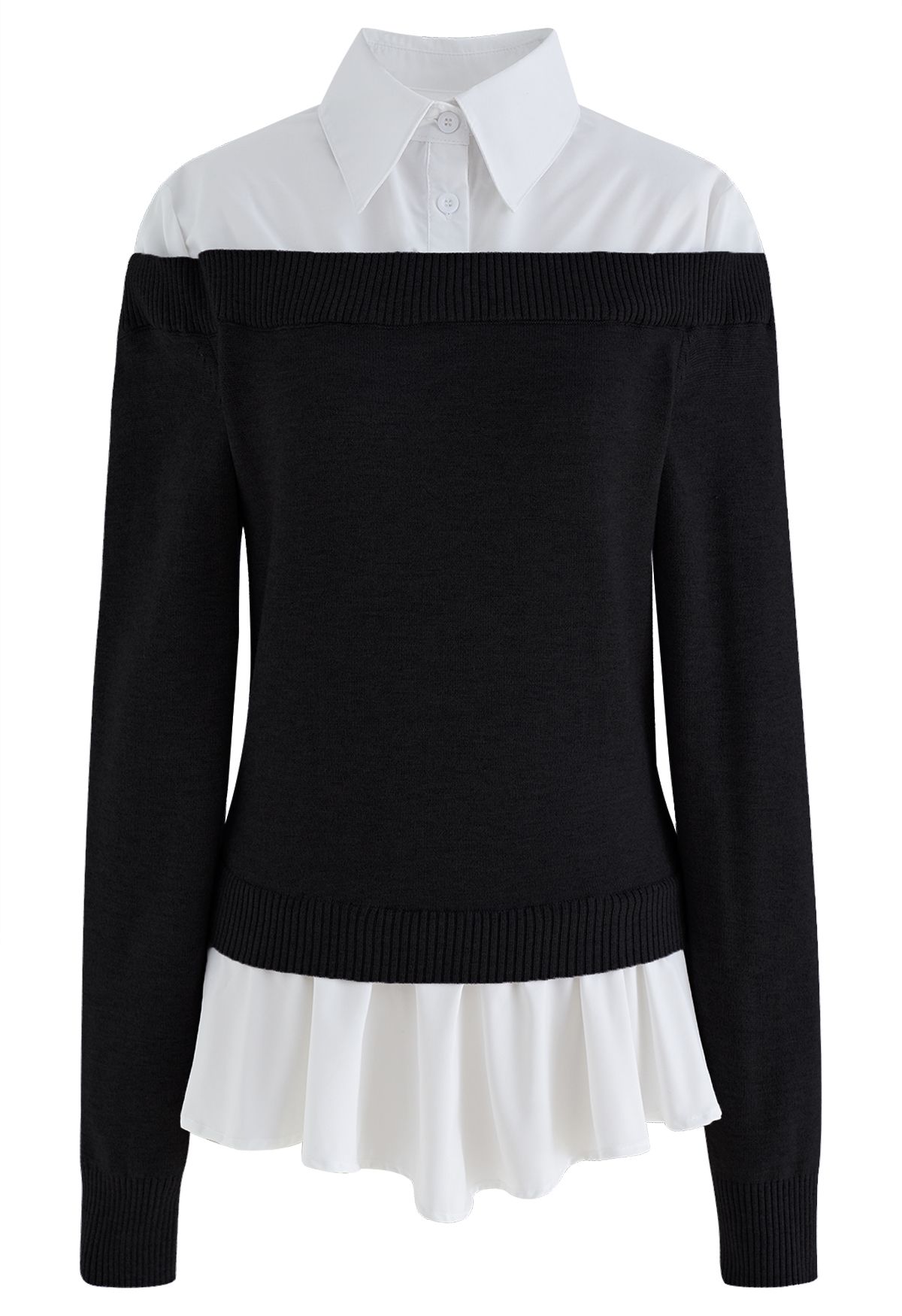 Knit Spliced Ruffle Hem Shirt in Black