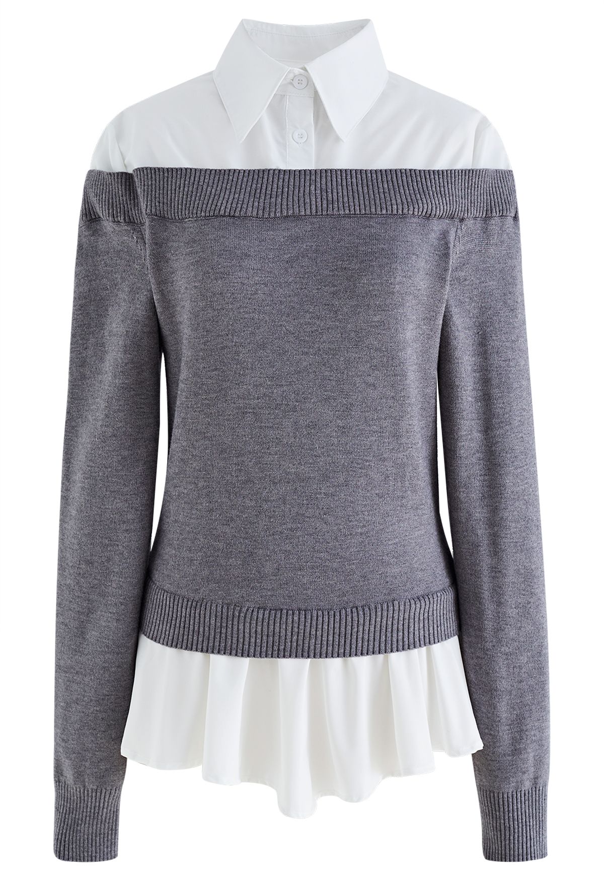 Knit Spliced Ruffle Hem Shirt in Grey