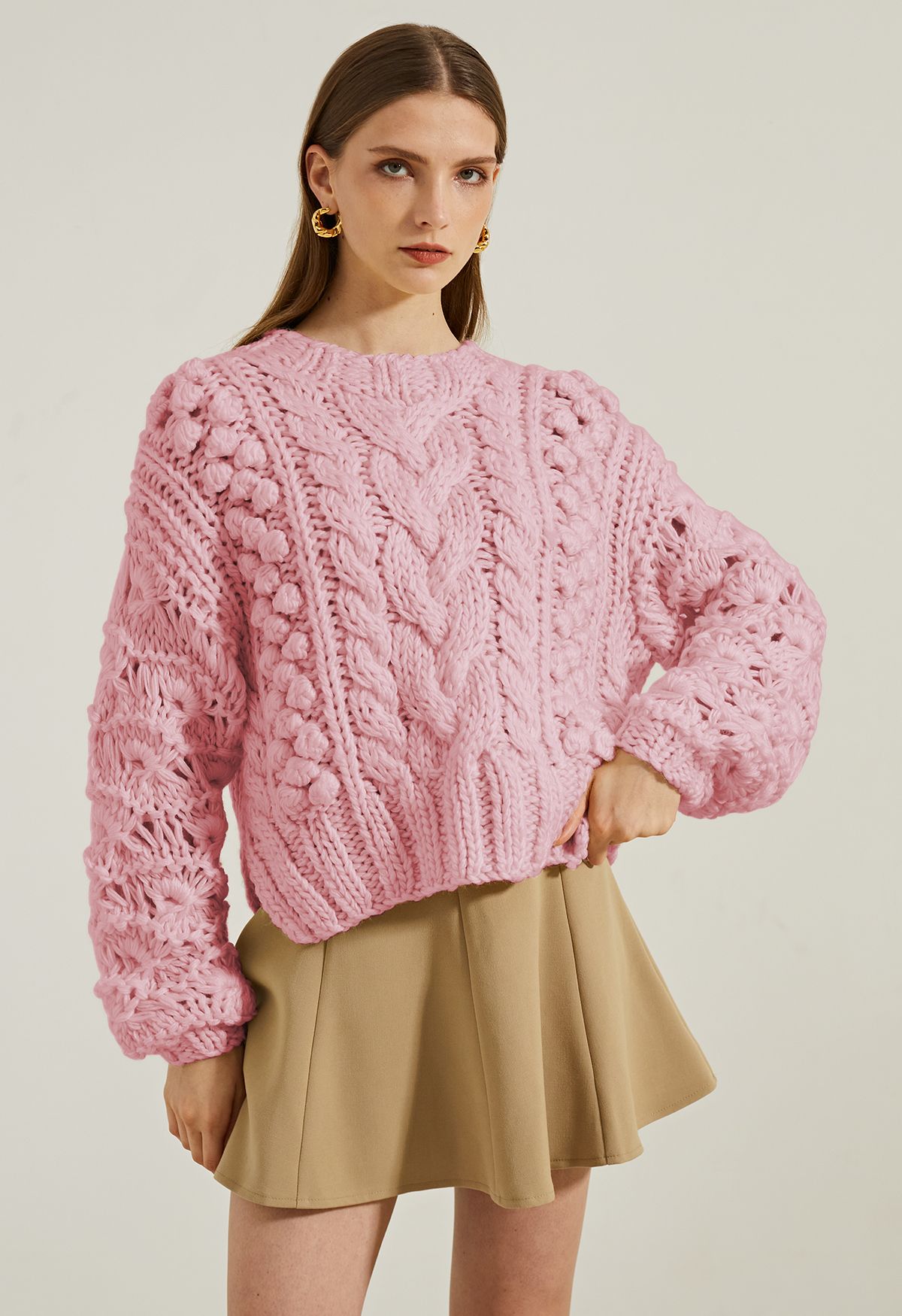 mager Hvor fint Faciliteter Crew Neck Pointelle Sleeve Pom-Pom Knit Sweater in Pink - Retro, Indie and  Unique Fashion