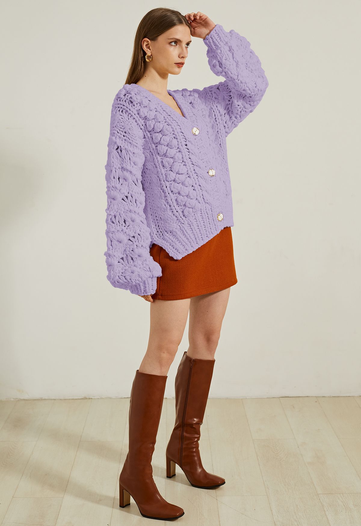 Button Up Pointelle Sleeve Pom-Pom Knit Cardigan in Lilac