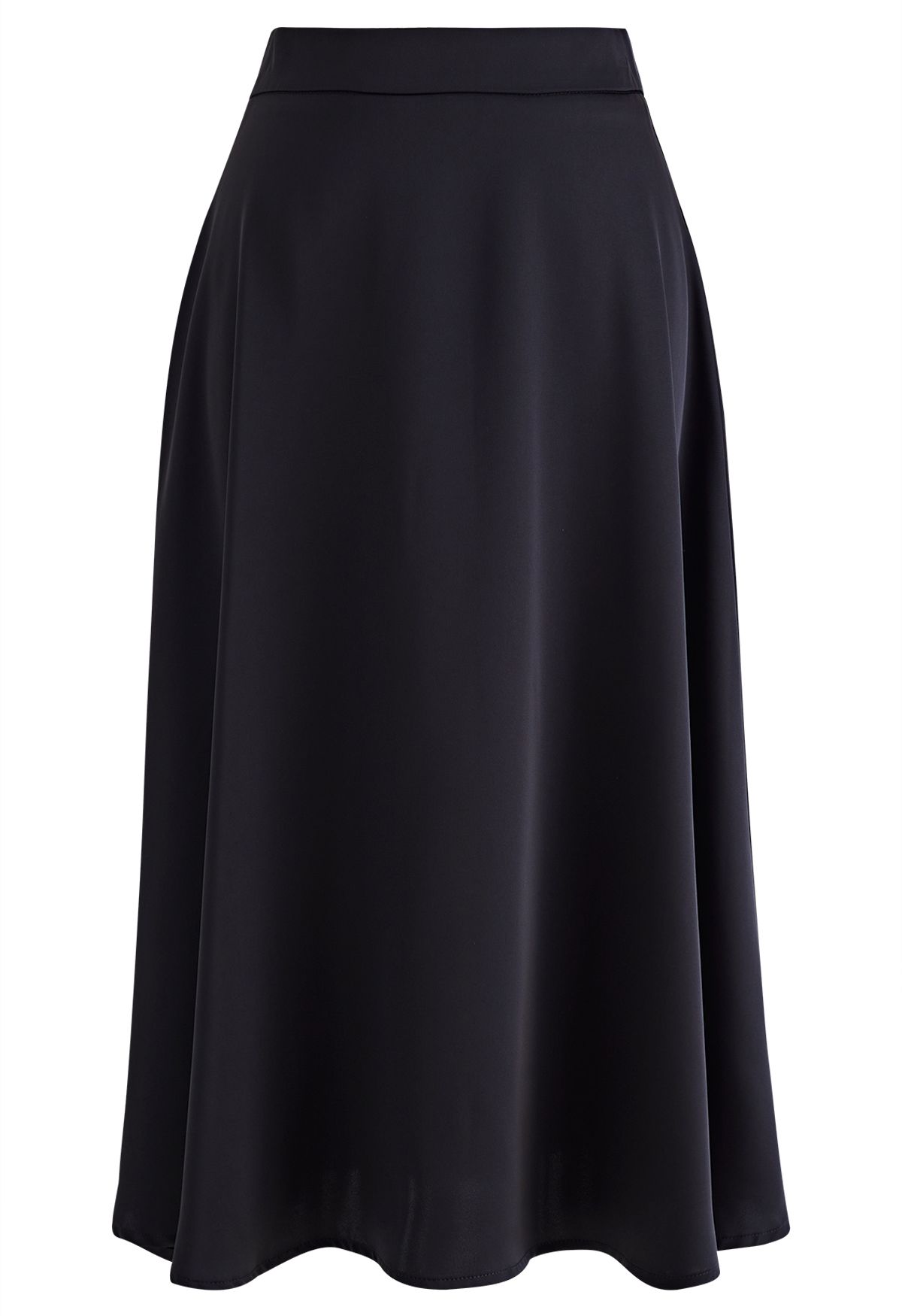 Solid Black Satin Midi Skirt