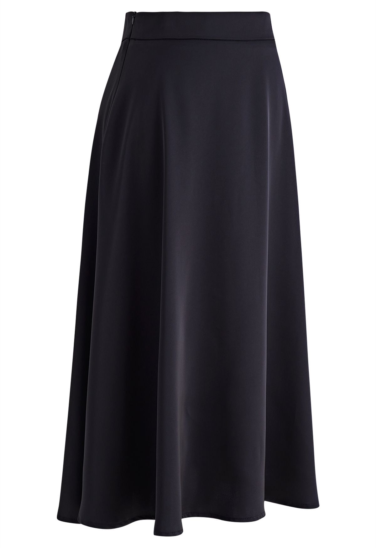 Solid Black Satin Midi Skirt