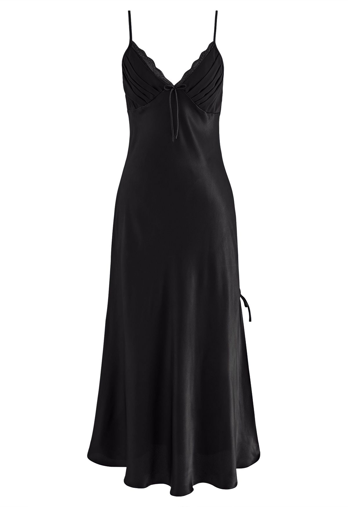 Pleated Bust Satin Cami Pajama Dress in Black