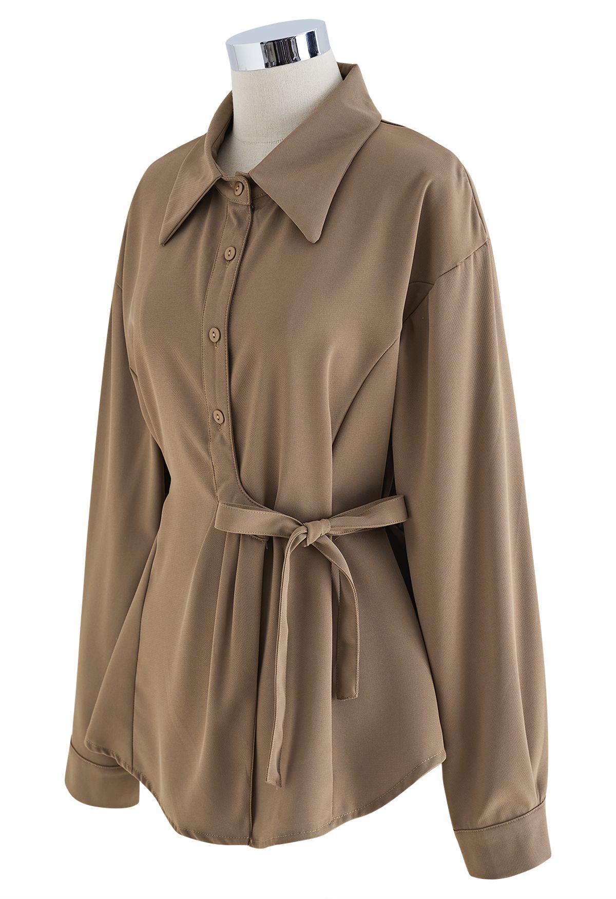 Brown Pointed Collar Tie-Waist Shirt