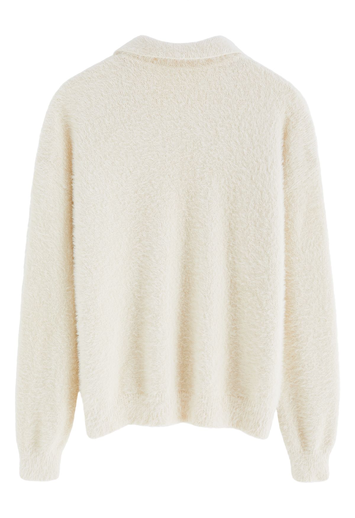 Collar V-Neck Fuzzy Knit Sweater in Cream