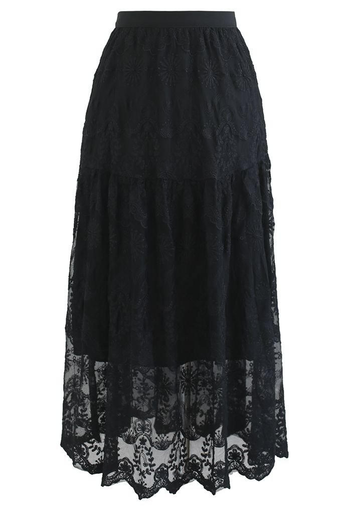 Mysterious Flower Embroidered Mesh Midi Skirt in Black - Retro, Indie ...