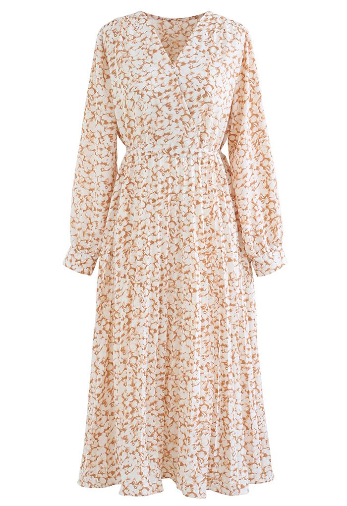 V-Neck Floral Print Pleated Midi Dress in Orange - Retro, Indie and ...