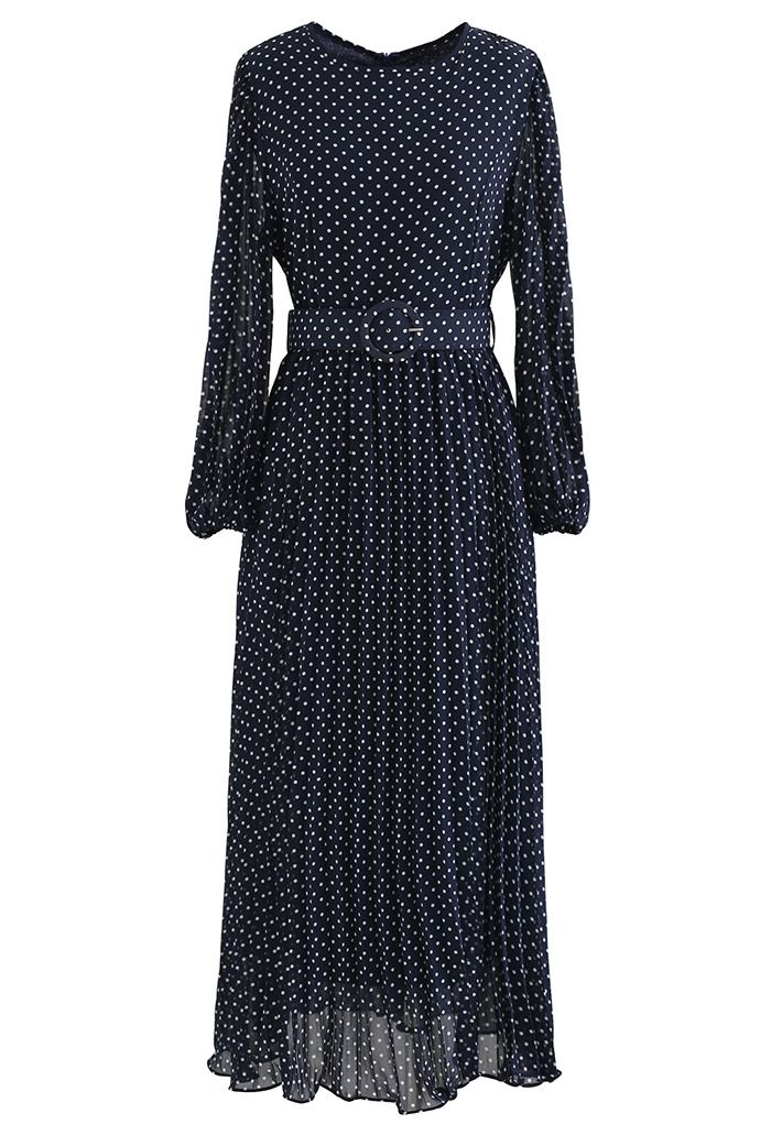 Polka Dots Belted Chiffon Maxi Dress in Navy - Retro, Indie and Unique ...