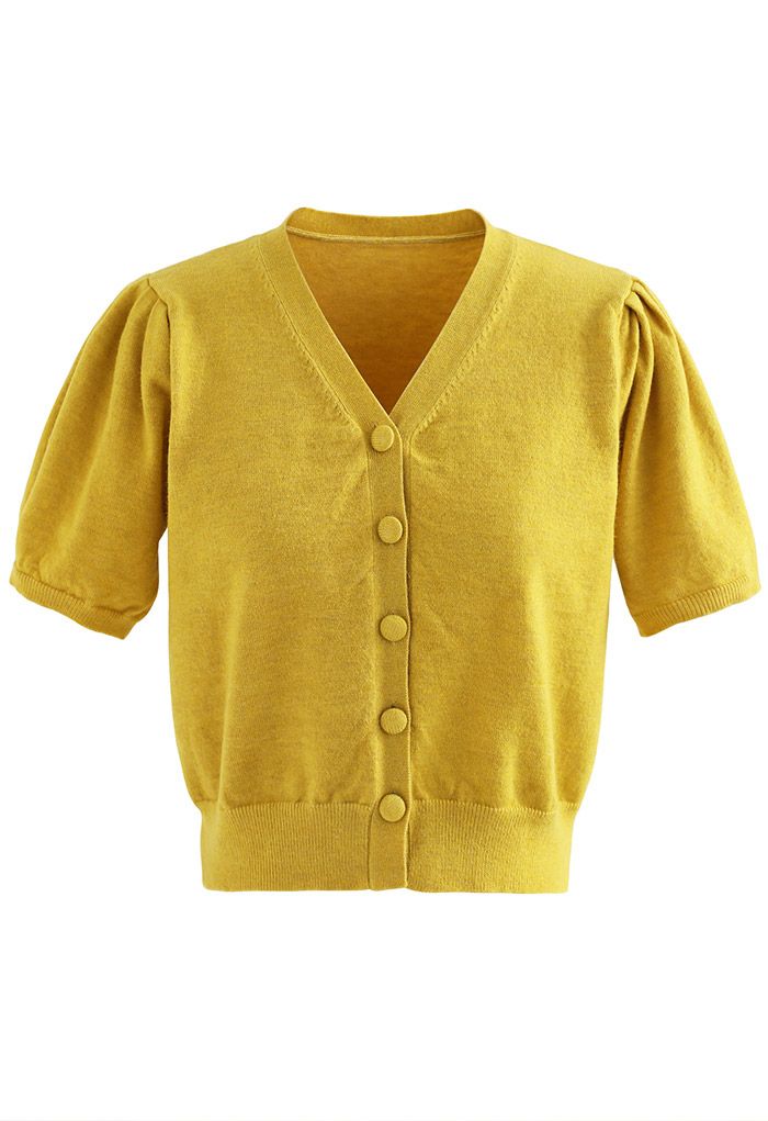 V-Neck Short-Sleeve Crop Knit Top in Yellow