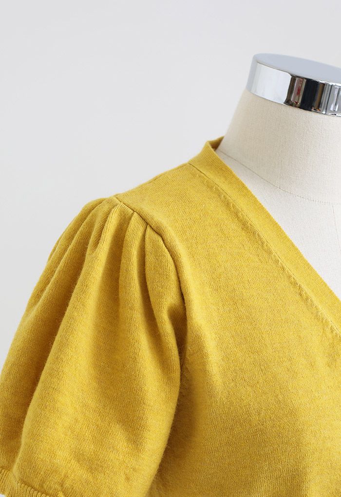 V-Neck Short-Sleeve Crop Knit Top in Yellow