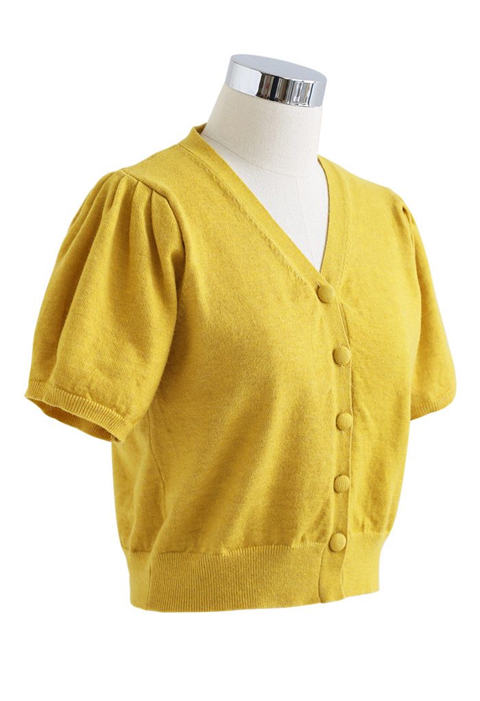 V-Neck Short-Sleeve Crop Knit Top in Yellow