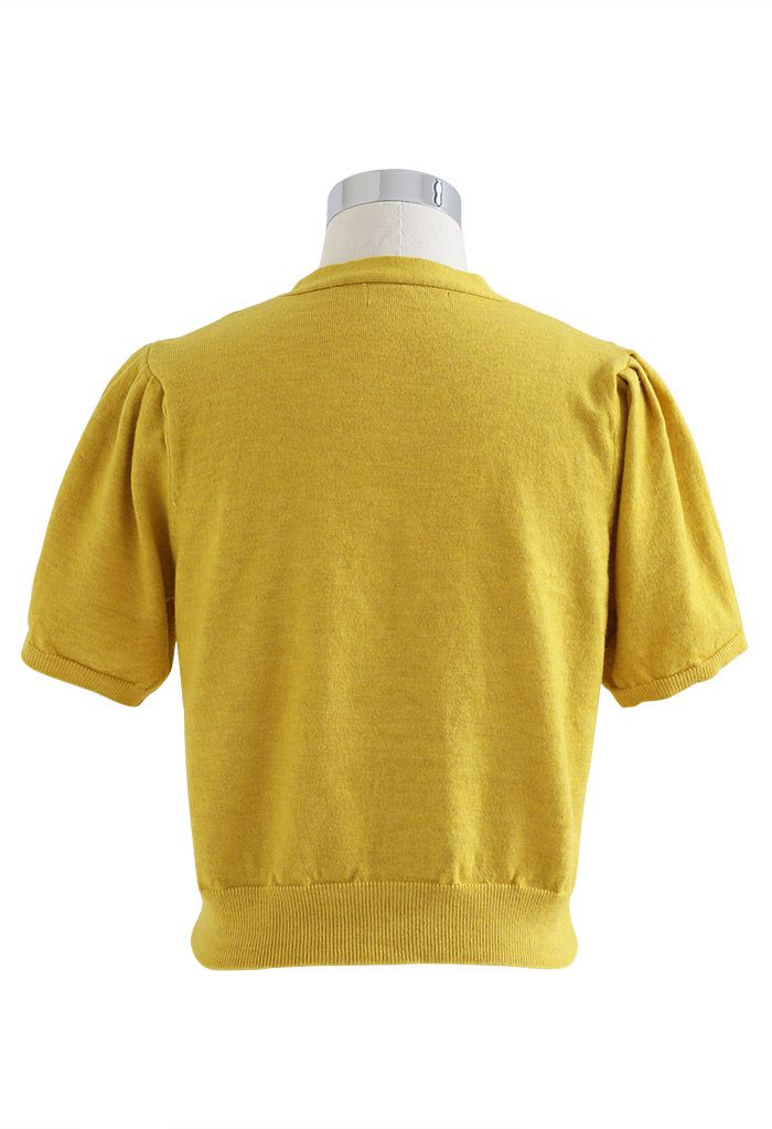 V-Neck Short-Sleeve Crop Knit Top in Yellow