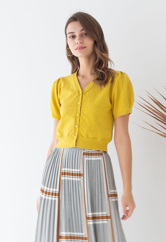 V-Neck Short-Sleeve Crop Knit Top in Yellow