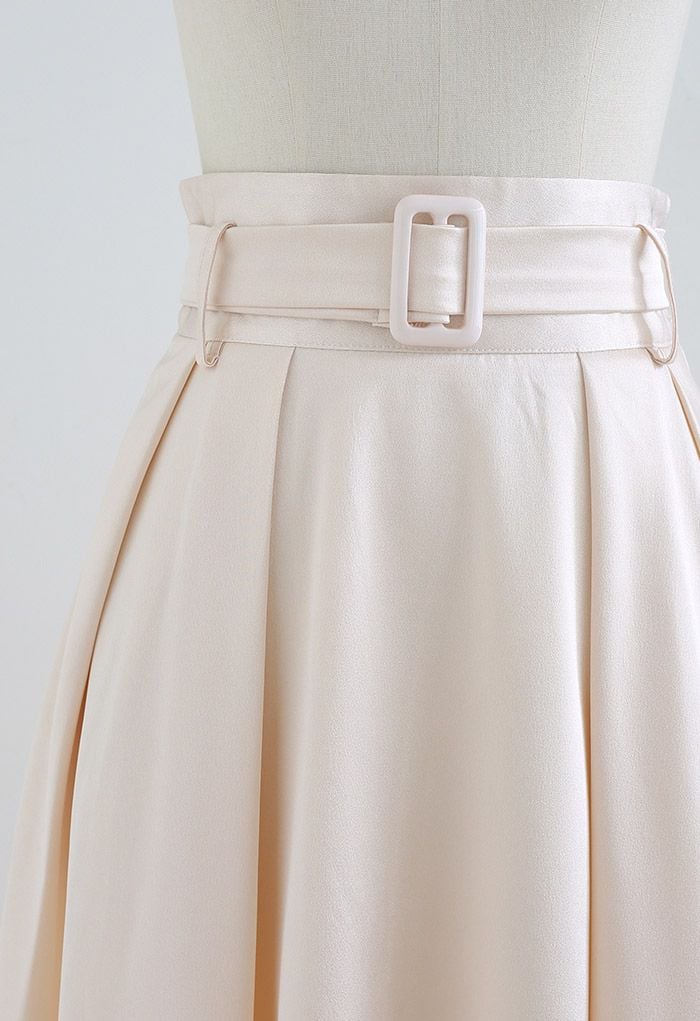 Belted Texture Flare Maxi Skirt in Cream