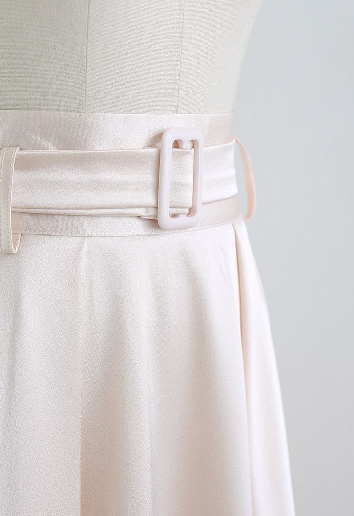 Belted Texture Flare Maxi Skirt in Cream