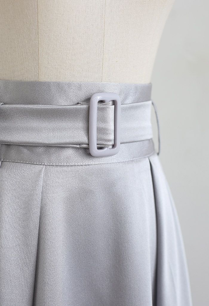 Belted Texture Flare Maxi Skirt in Grey