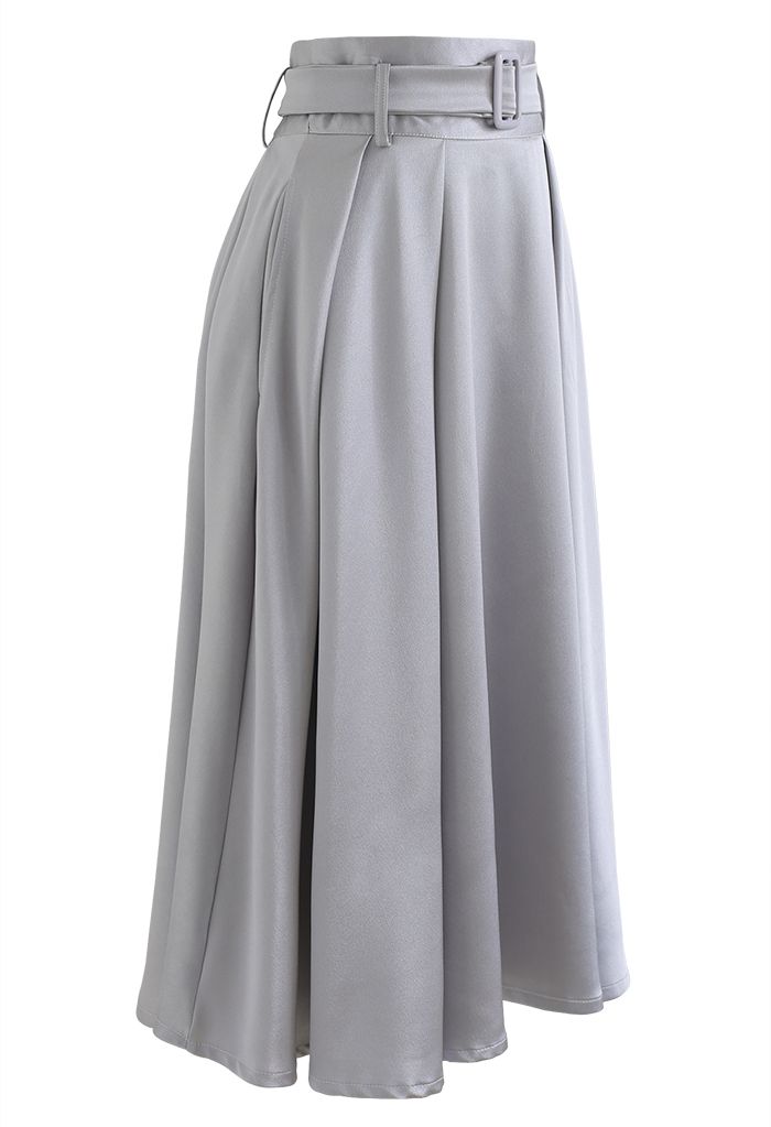 Belted Texture Flare Maxi Skirt in Grey