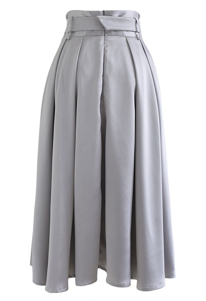 Belted Texture Flare Maxi Skirt in Grey