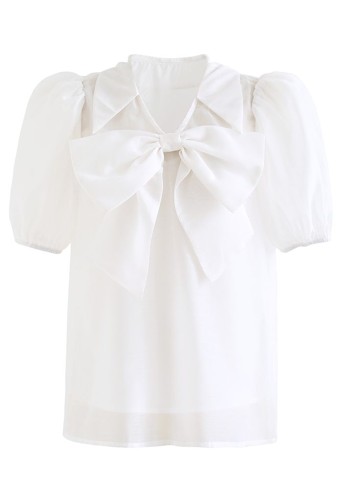 Sweet Bow Short-Sleeve Organza Top in White