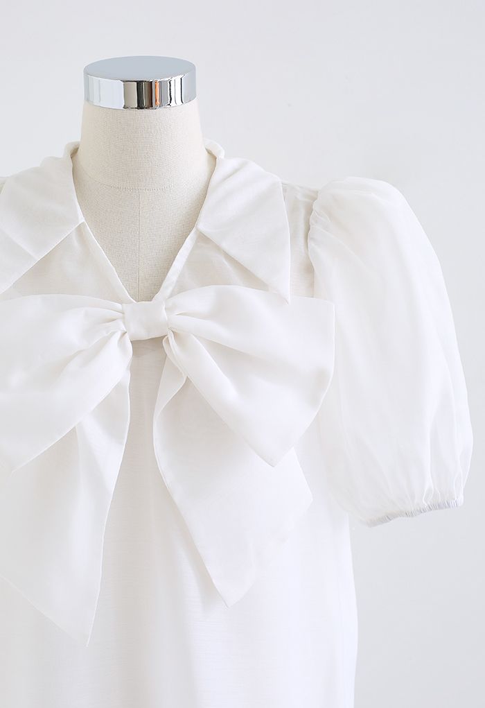 Sweet Bow Short-Sleeve Organza Top in White - Retro, Indie and Unique ...