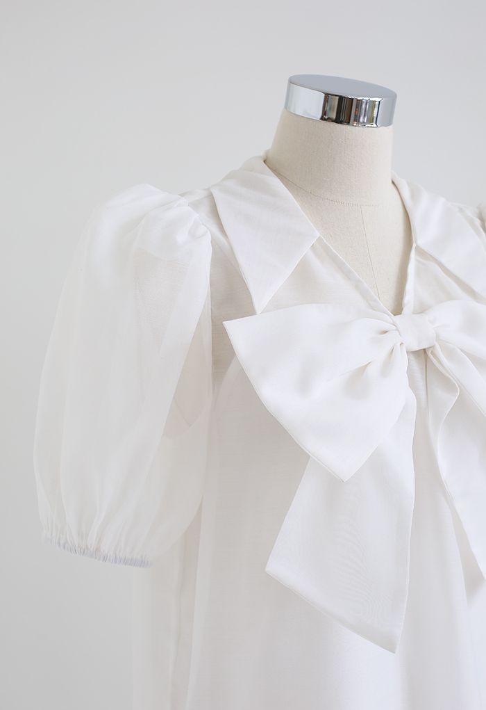 Sweet Bow Short-Sleeve Organza Top in White