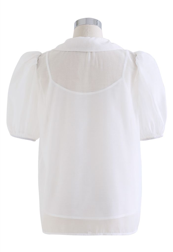 Sweet Bow Short-Sleeve Organza Top in White