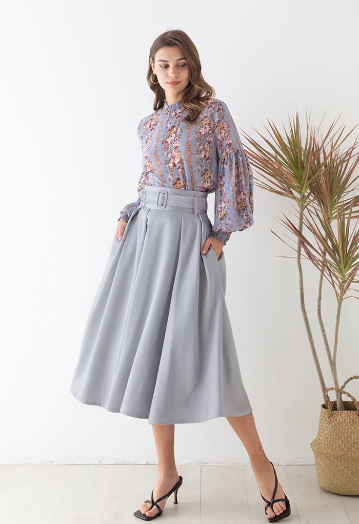 Belted Texture Flare Maxi Skirt in Grey