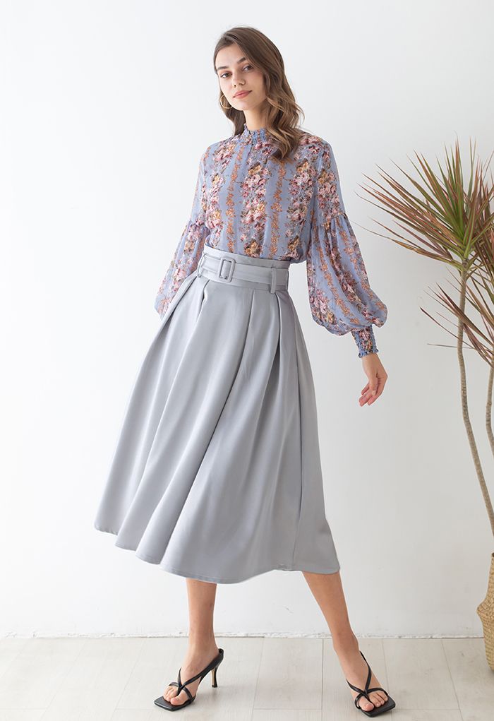 Belted Texture Flare Maxi Skirt in Grey